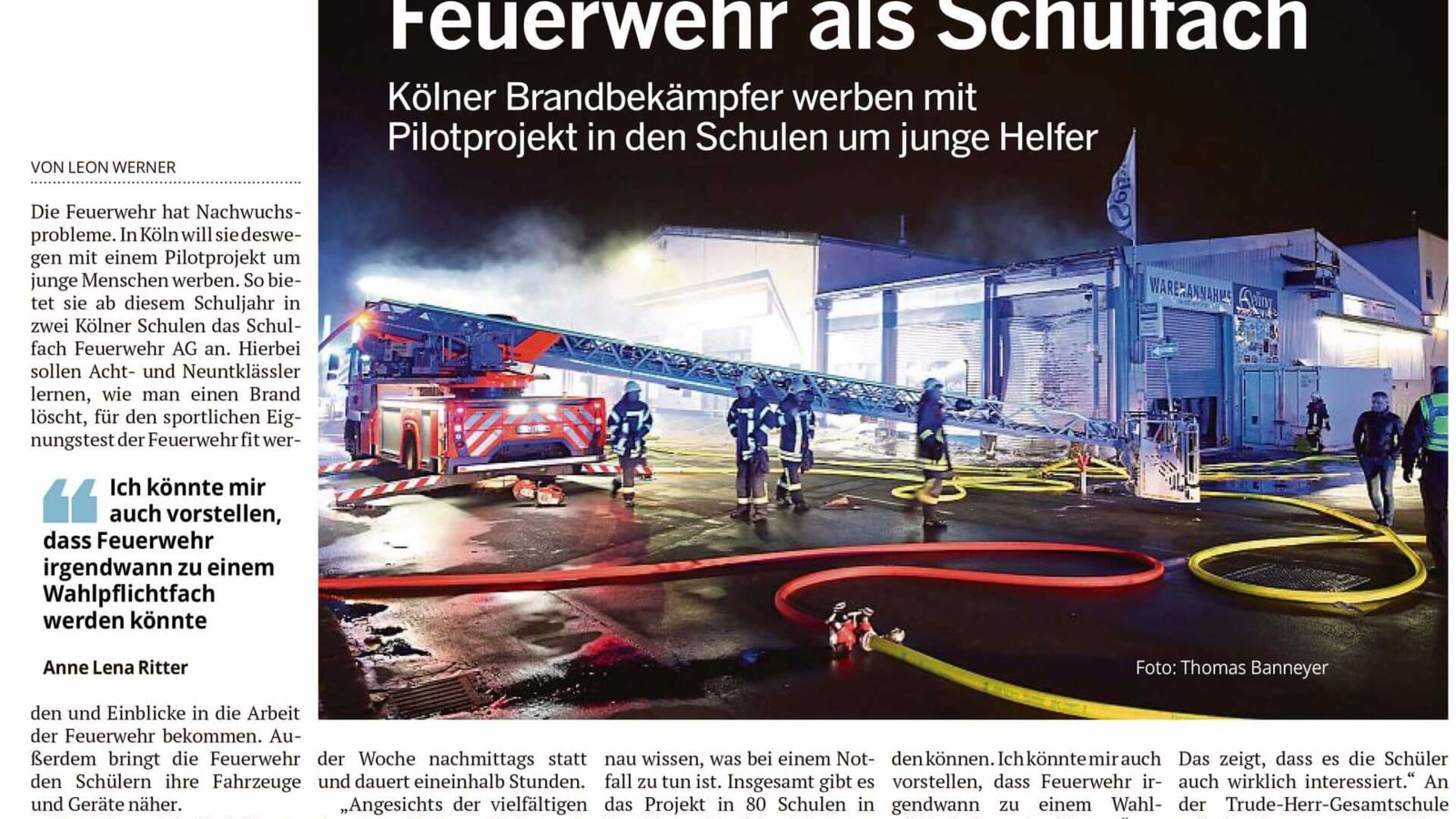 Feuerwehr als Schulfach - Kölner Rundschau - Trude-Herr-Gesamtschule Köln-Mülheim - THG