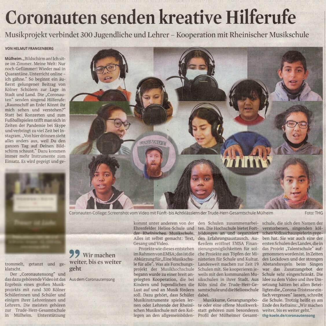 Coronauten senden kreative Hilferufe - Kölner Stadtanzeiger berichtet - Trude-Herr-Gesamtschule Köln-Mülheim - THG