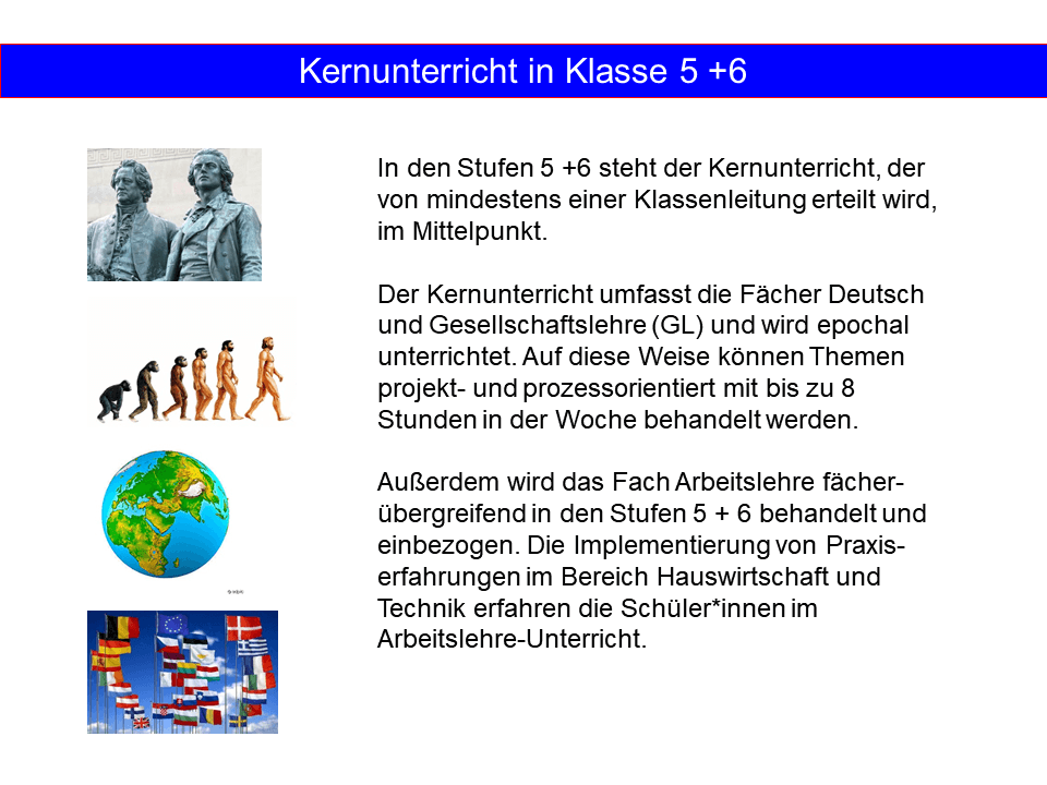 Kern beinhaltet die Fächer Deutsch & Gesellschaftslehre und wird projekt- & prozessorientiert epochal unterrichtet.