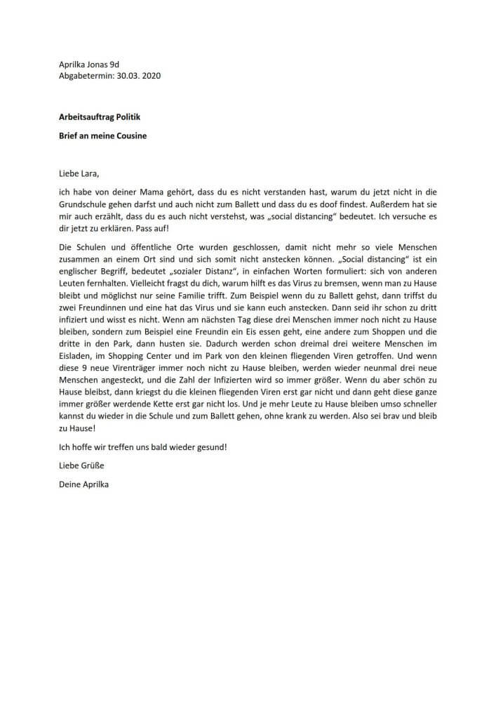 Corona Special - Brief an meine Cousine - Trude-Herr-Gesamtschule Köln-Mülheim - THG
